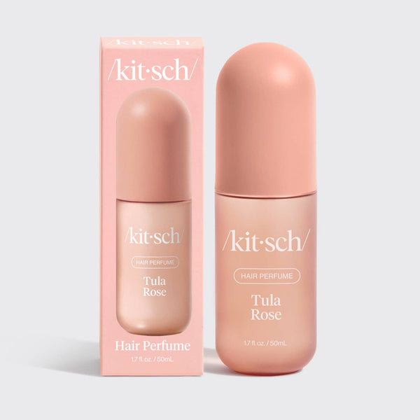 Kit-sch Tula Rose hair perfume bottle and packaging on a light gray background