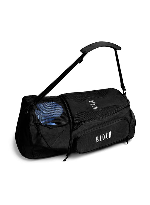 Black duffel bag with blue interior and 'Bloch' branding on a white background