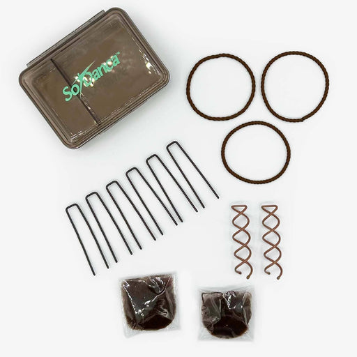 Collection of fishing tackle components including a box, o-rings, and metal parts on a white background.