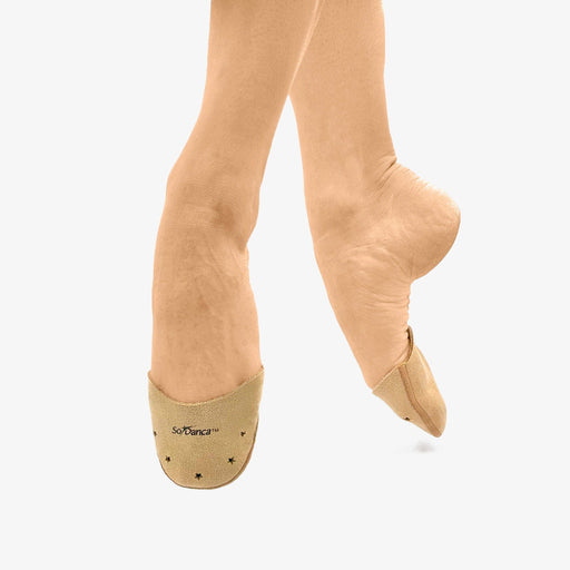 Beige ballet shoes with star patterns on a white background