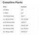 Coastline Pants size chart with inseam measurements on a white background