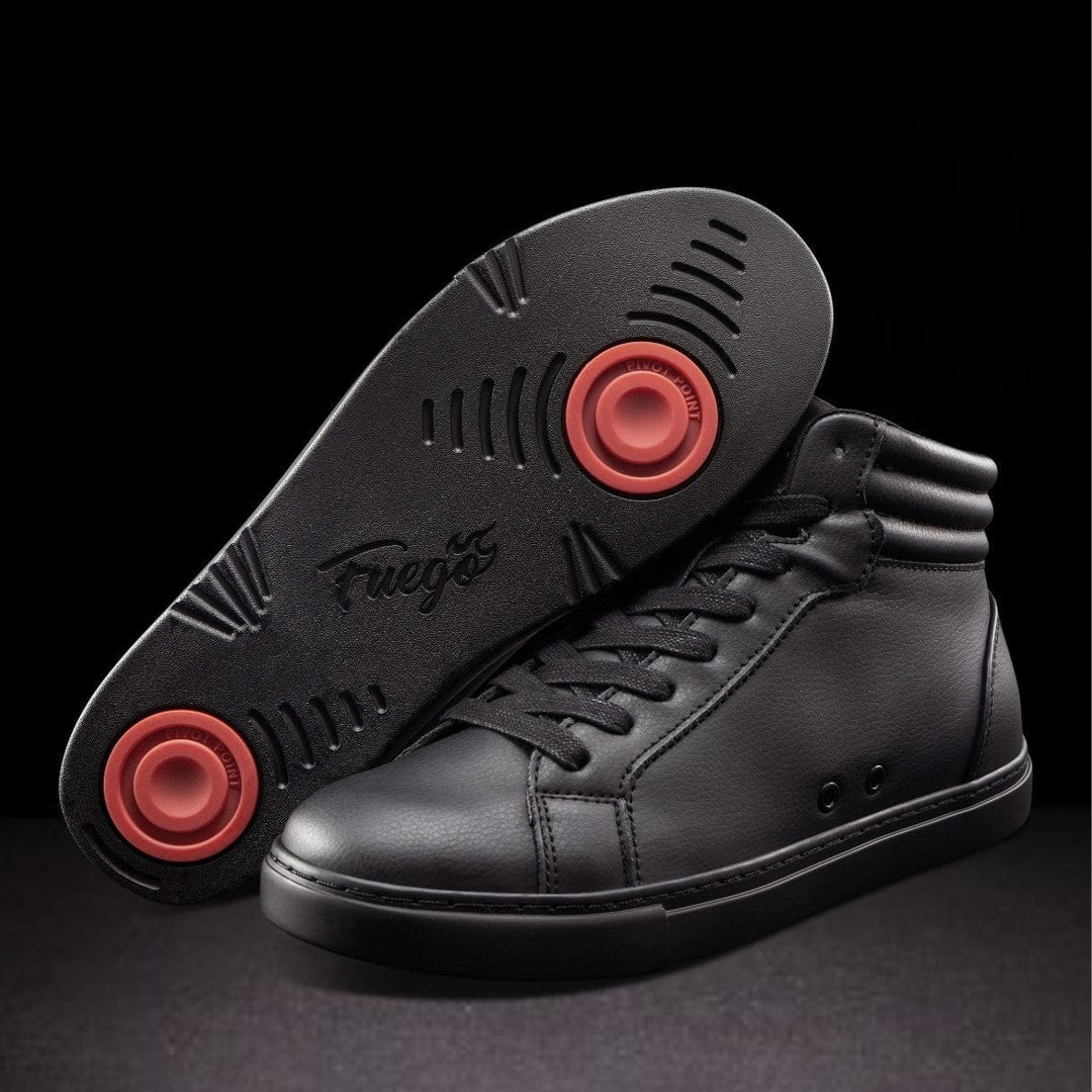 A pair of black high-top sneakers with red pivot points on the soles and the brand name 'Fuego' visible on the side.