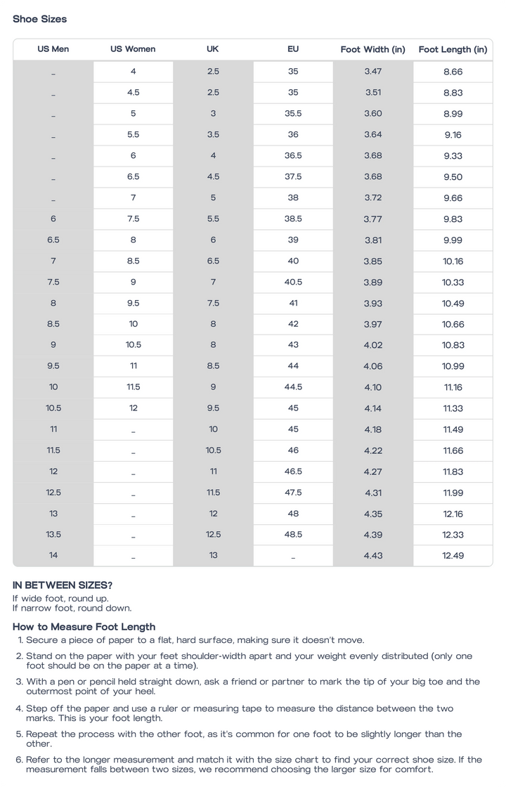 Ance Sneaker SIZE CHART