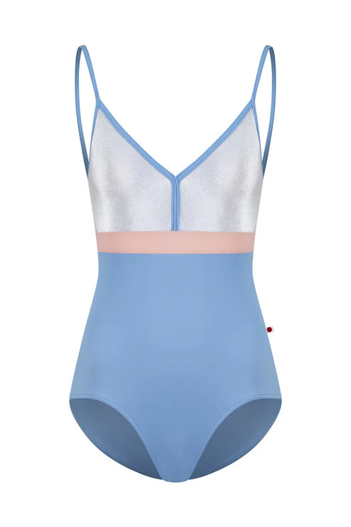 Blue leoard with a white top and pink band on a white background