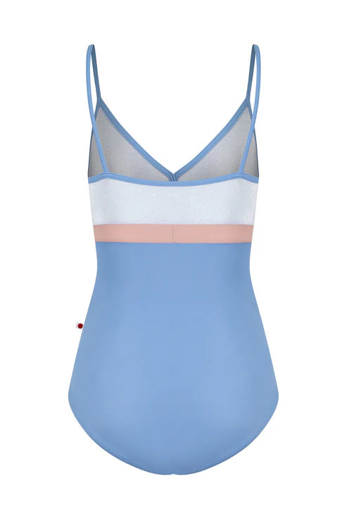 One-piece leotard with color-blocked design on a white background