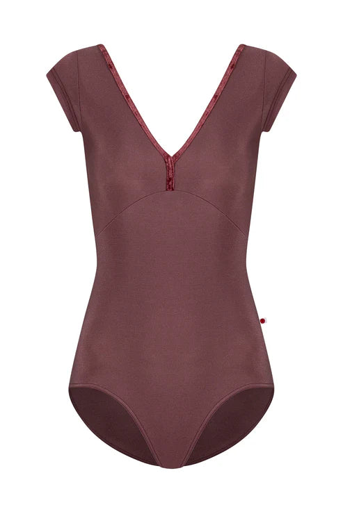 Maroon leotard with red trim on a white background