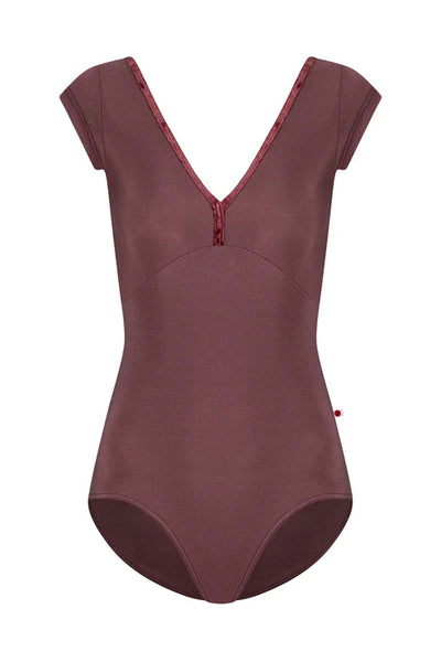 Maroon leotard with red trim on a white background