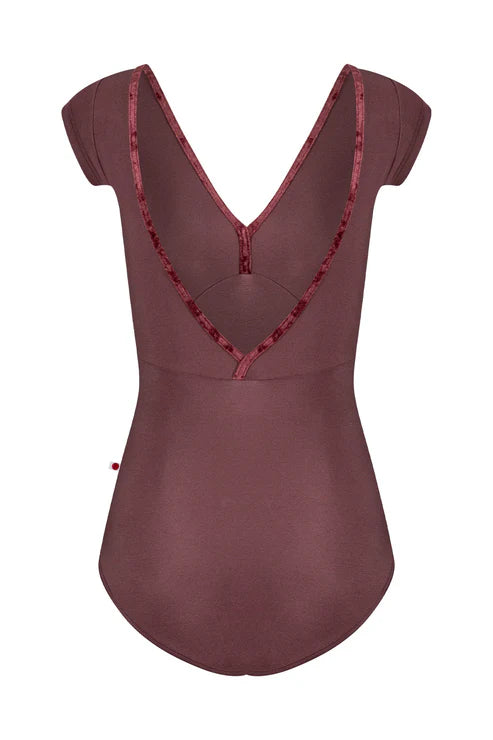 Maroon leotard with red trim on a white background