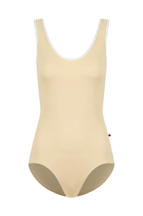 Beige leotard with white trim on a white background