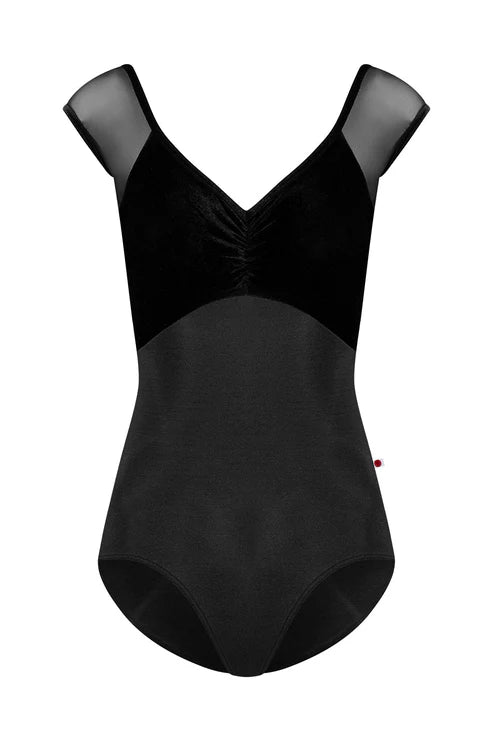 Black leotard with sheer shoulder straps on a white background