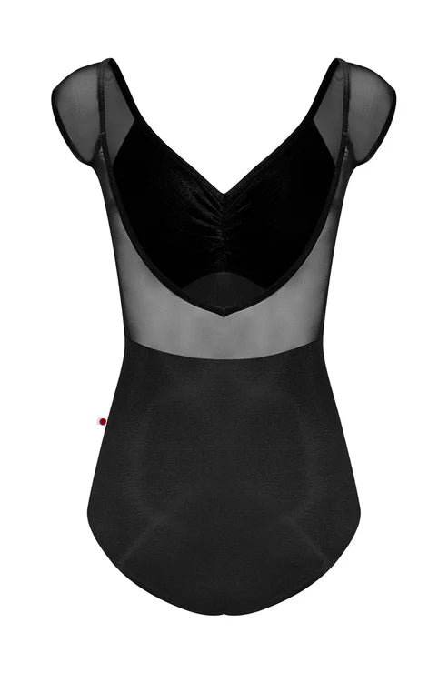Black leotard with mesh panels on a white background
