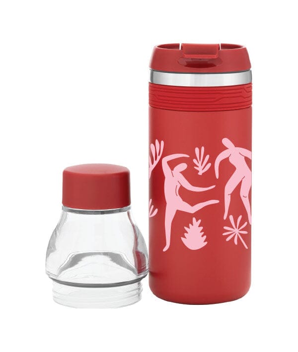 Red thermos with pink designs on a white background