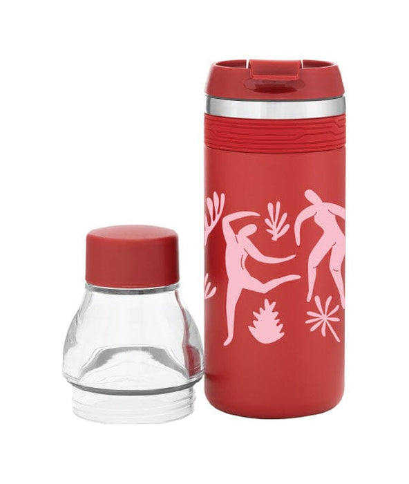 Red thermos with pink designs on a white background