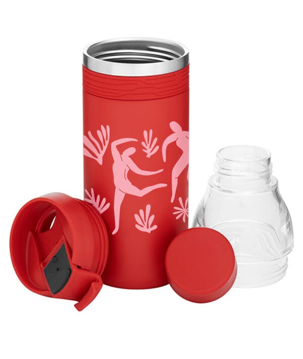 Red thermos with pink dancing figures on a white background
