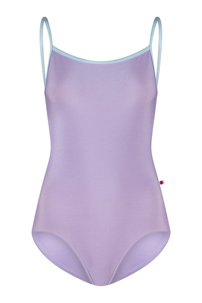 Lavender swimsuit with thin straps on a white background