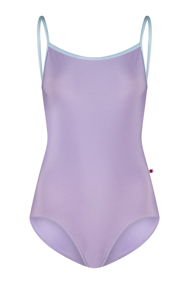 Lavender swimsuit with thin straps on a white background