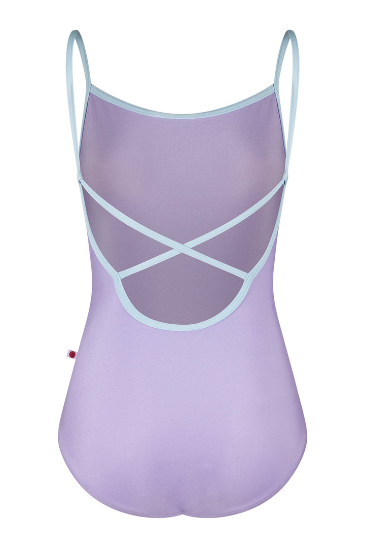 Lavender swimsuit with thin straps on a white background