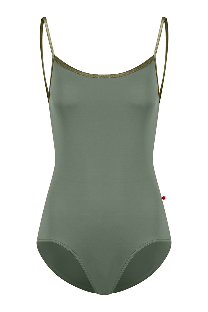 Green swimsuit with thin straps on a white background