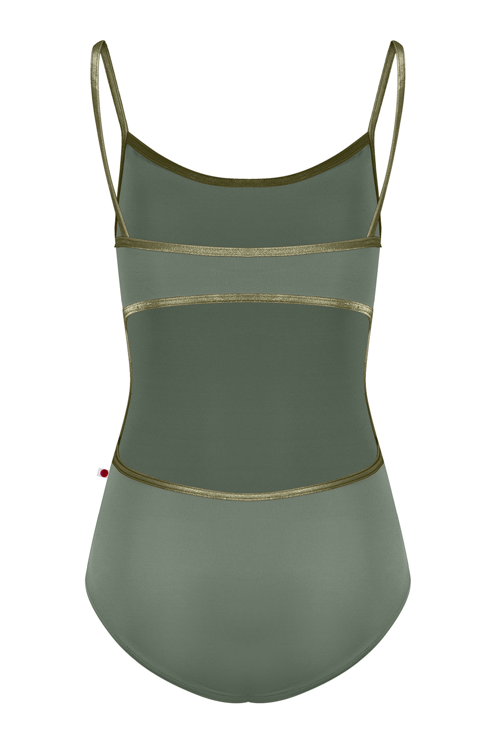 Green swimsuit with thin gold straps on a white background