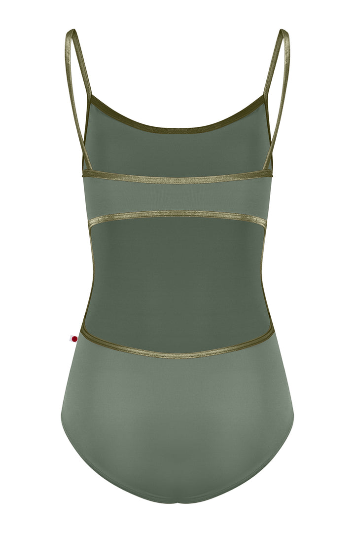 Green swimsuit with thin gold straps on a white background