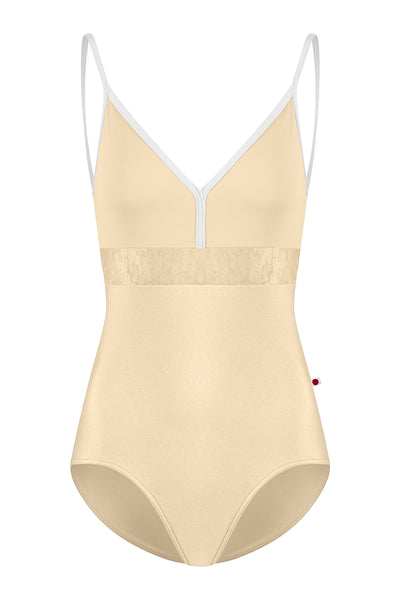 Beige swimsuit with white straps on a white background