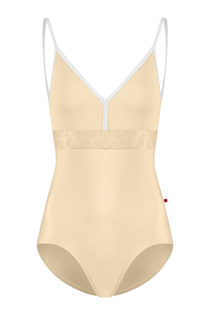 Beige swimsuit with white straps on a white background
