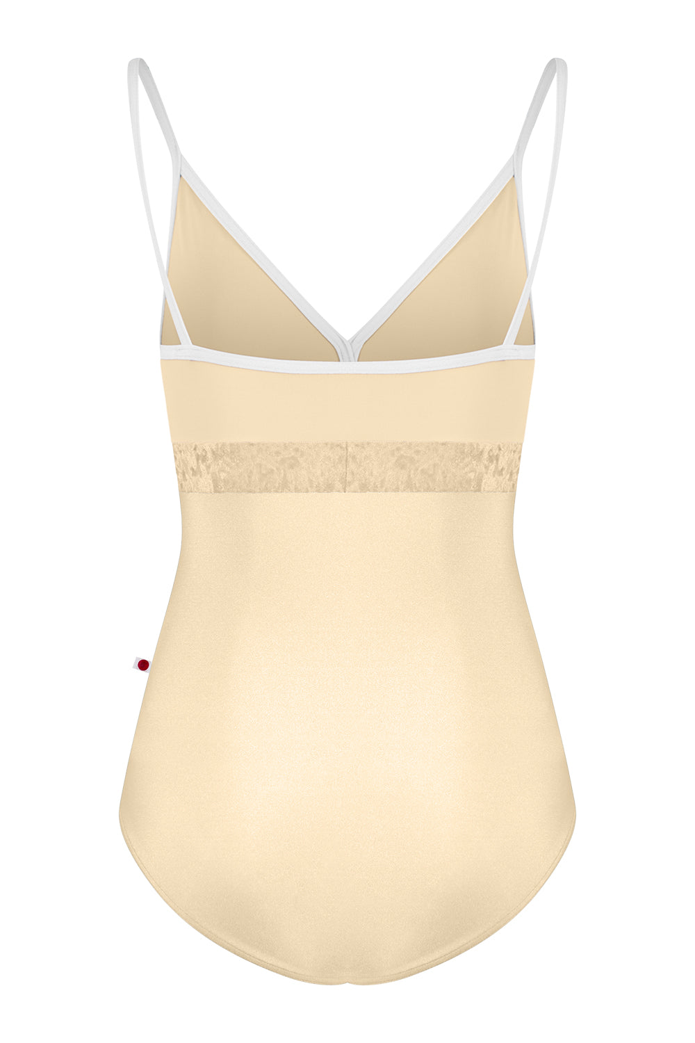 Beige bodysuit with white lace trim on a white background