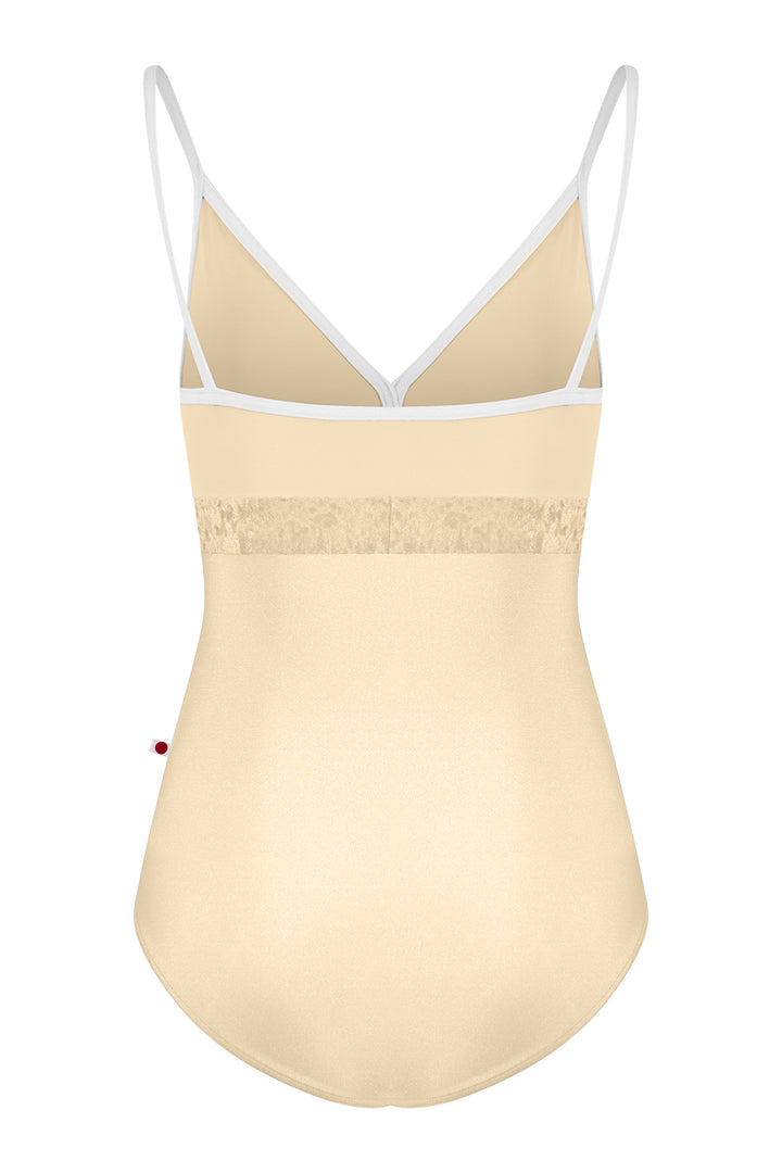 Beige bodysuit with white lace trim on a white background