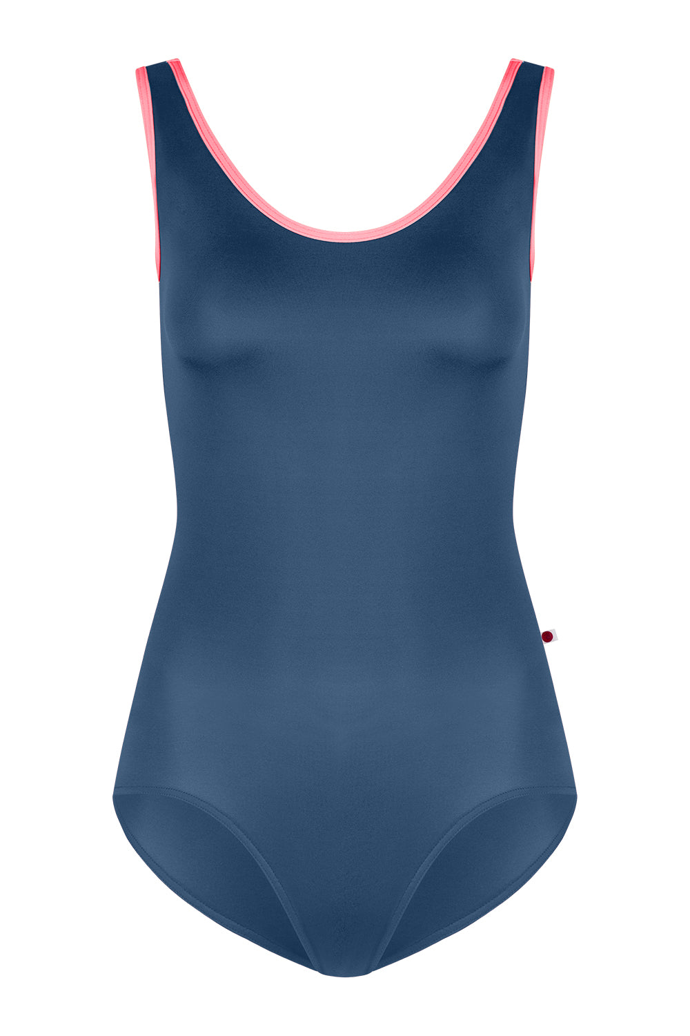 Navy blue swimsuit with pink trim on a white background