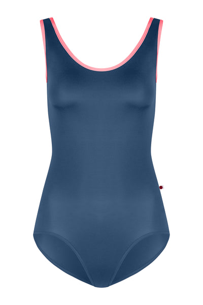 Navy blue swimsuit with pink trim on a white background
