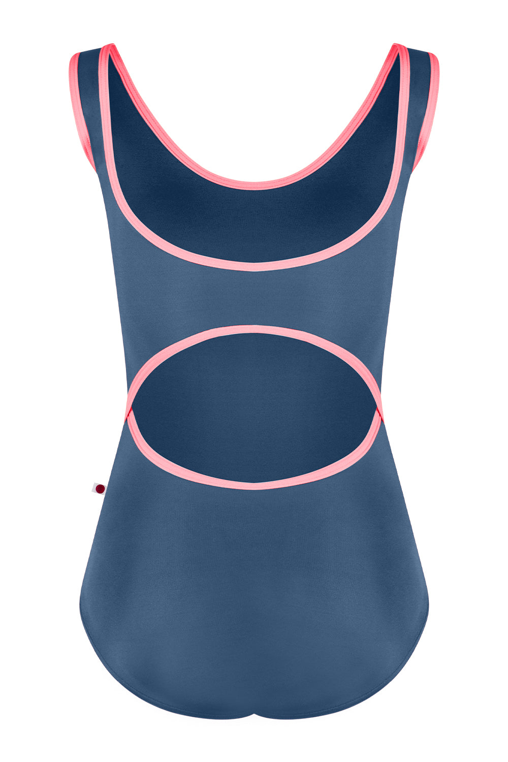 Navy blue swimsuit with pink accents on a white background