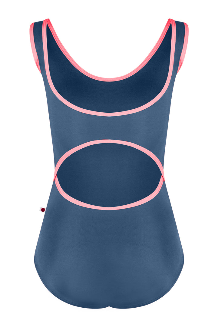 Navy blue swimsuit with pink accents on a white background