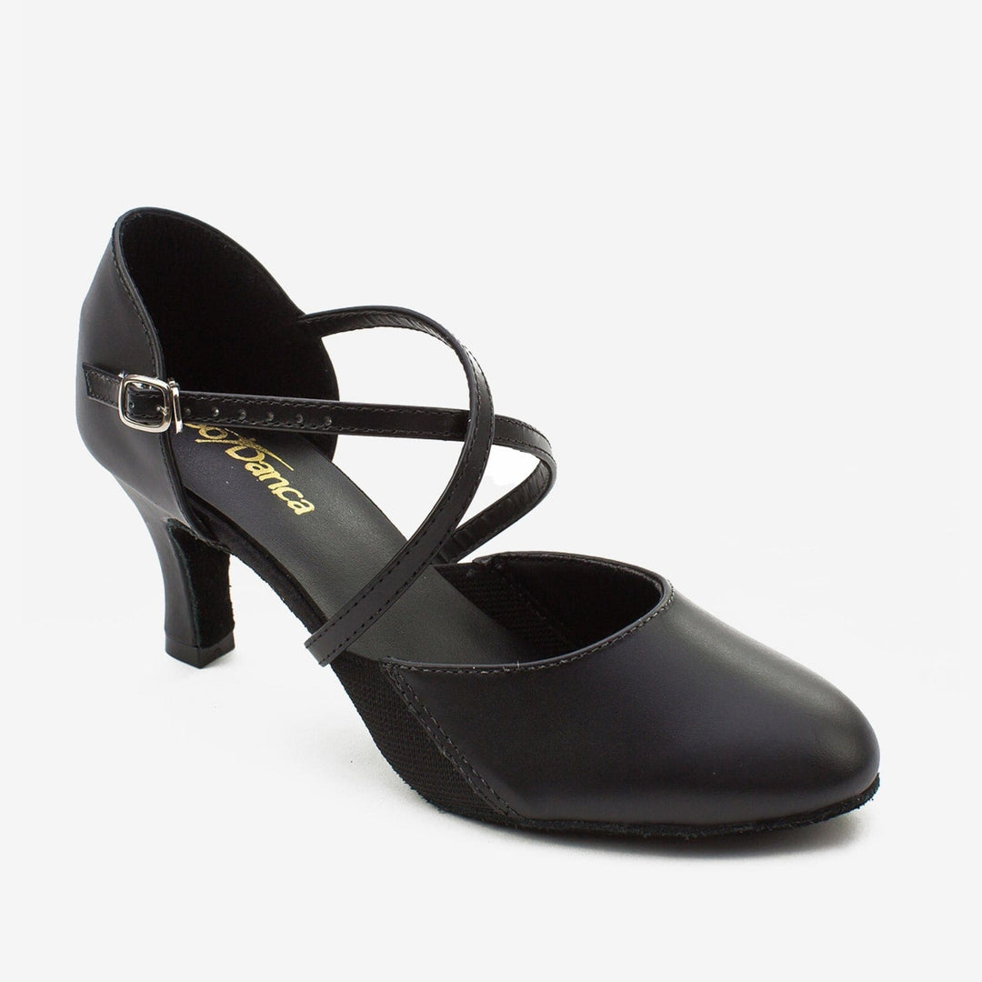 Black dance shoe with a strap on a white background