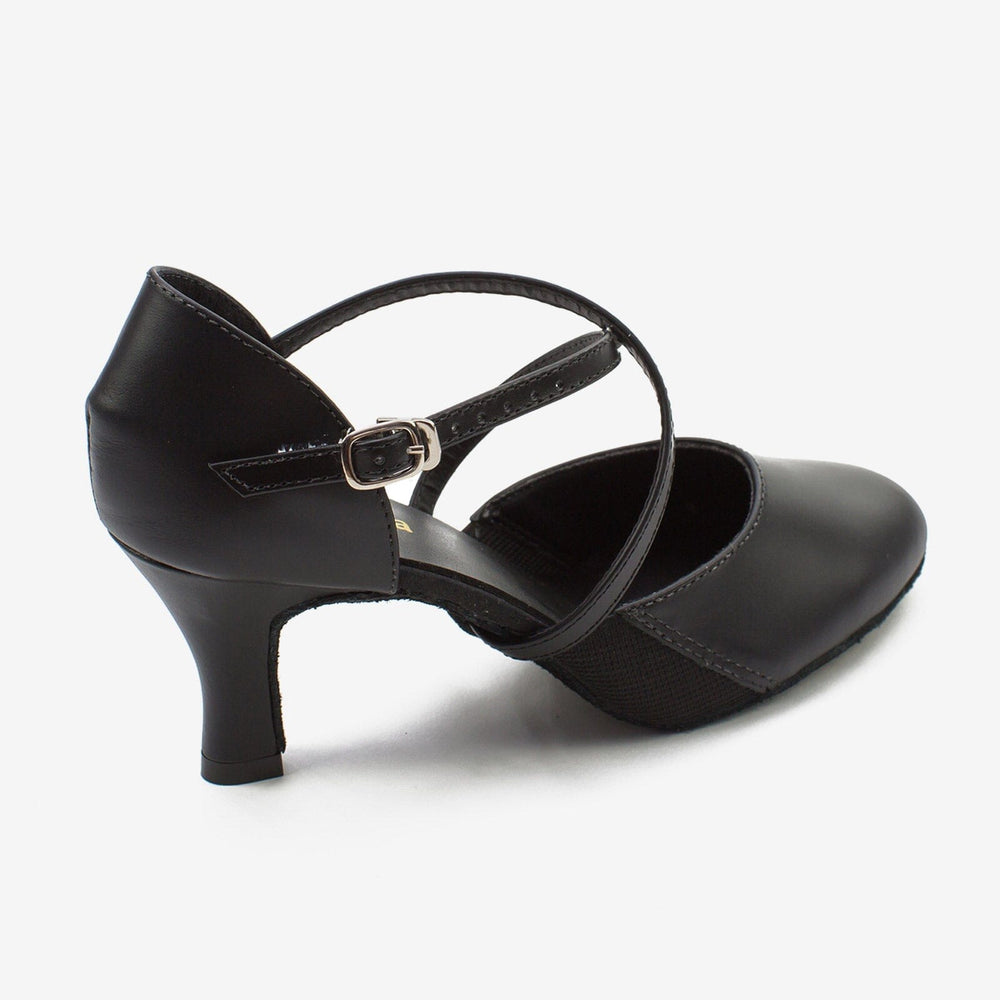 Black dance shoe with a strap on a white background