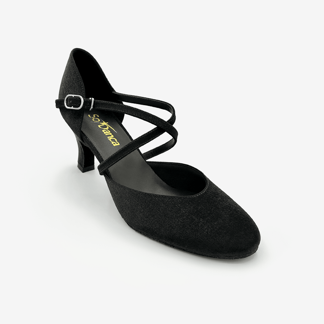 Black dance shoe with criss-cross strap design on a white background