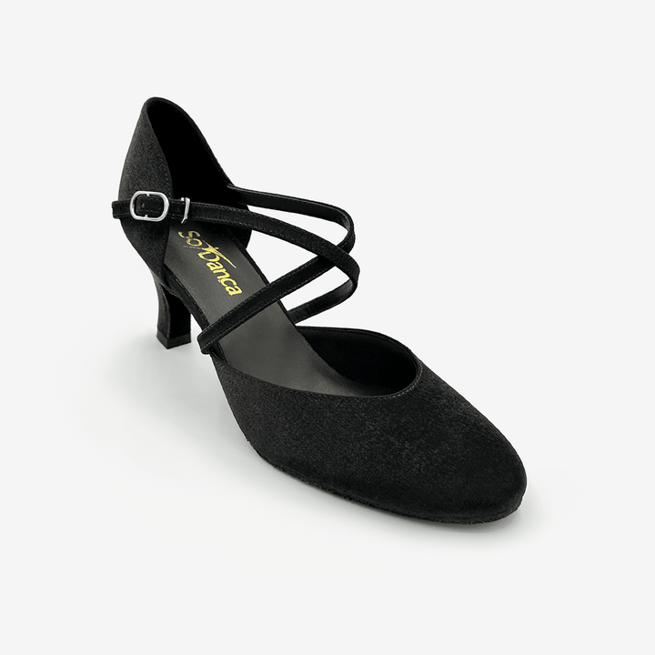 Black dance shoe with criss-cross strap design on a white background