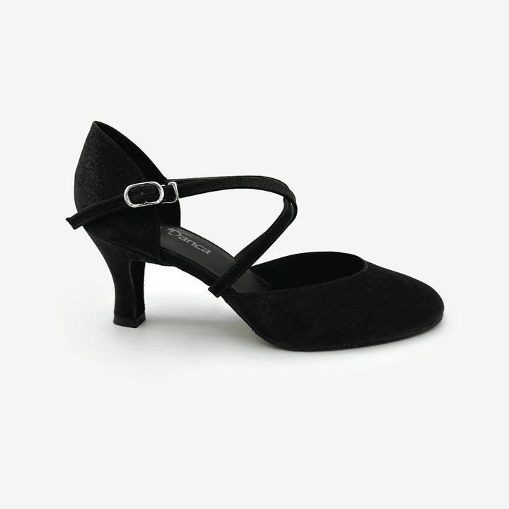 Black dance shoe with a strap on a white background