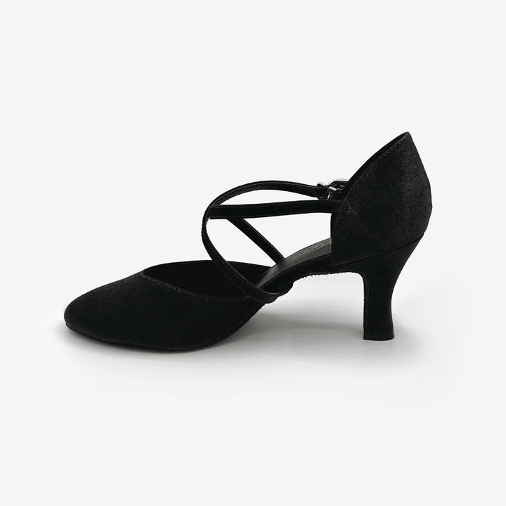 Black dance shoe with a heel on a white background