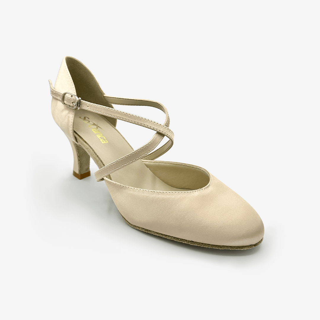 Beige dance shoe with a strap on a white background
