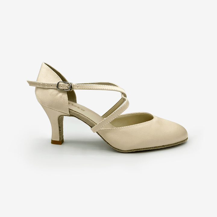 Beige high-heeled shoe with a strap on a white background