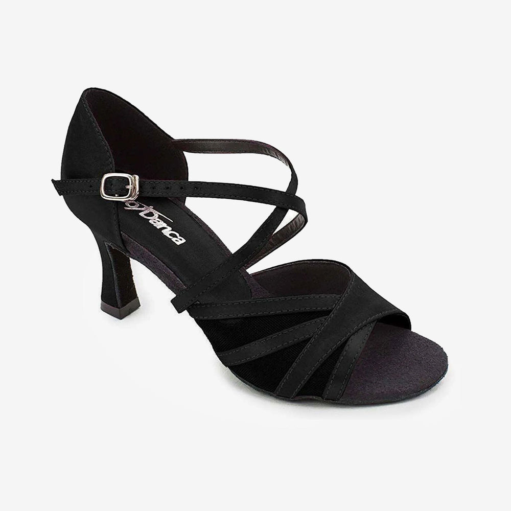 Black strappy dance shoe on a white background