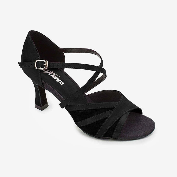 Black strappy dance shoe on a white background