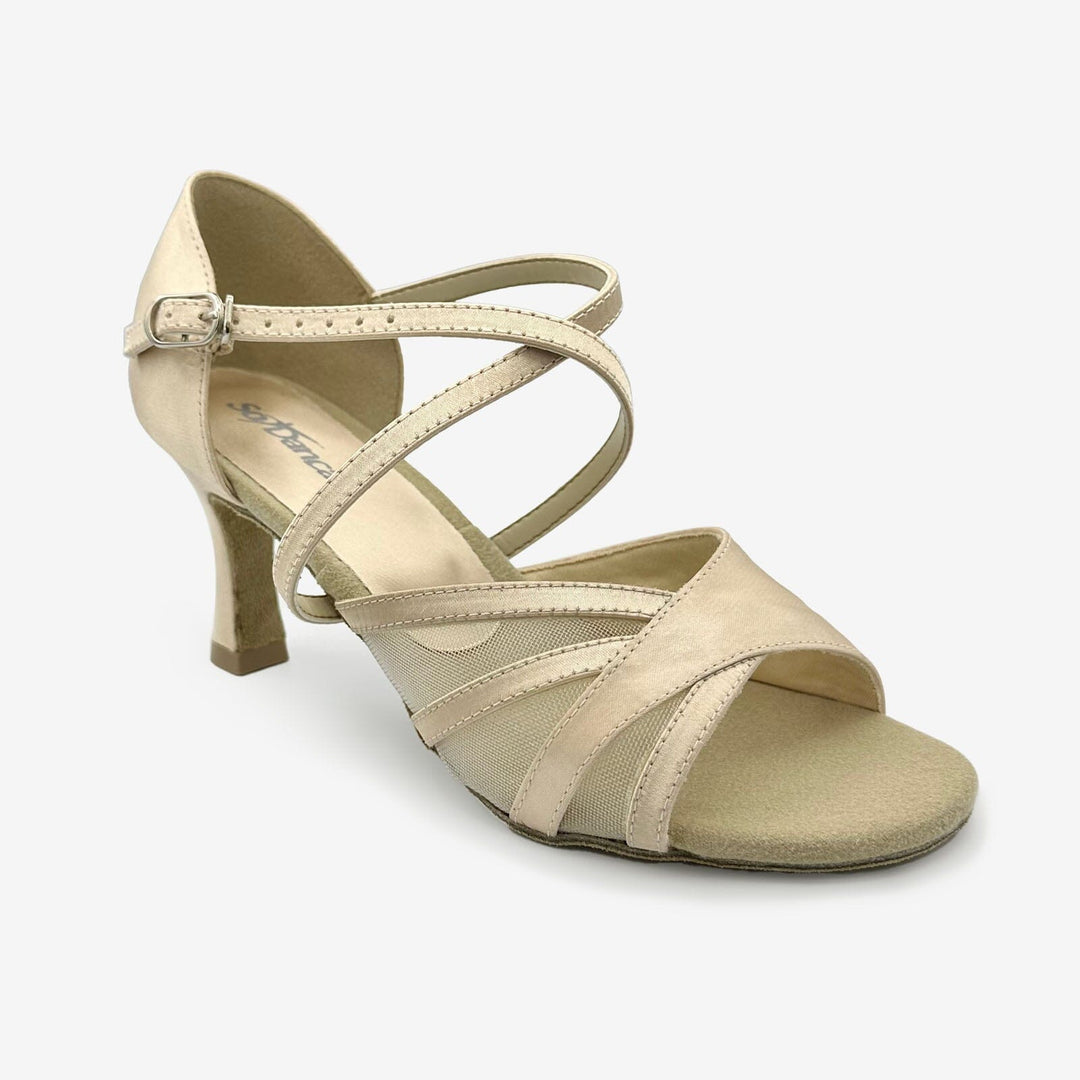 Beige sandal with criss-cross straps on a white background