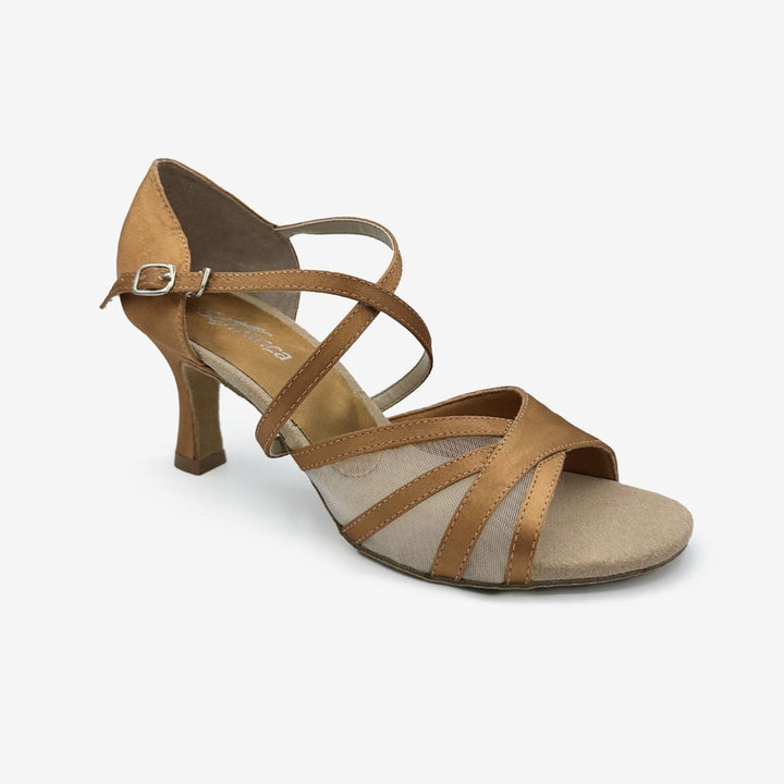 Tan and beige strappy sandal on a white background