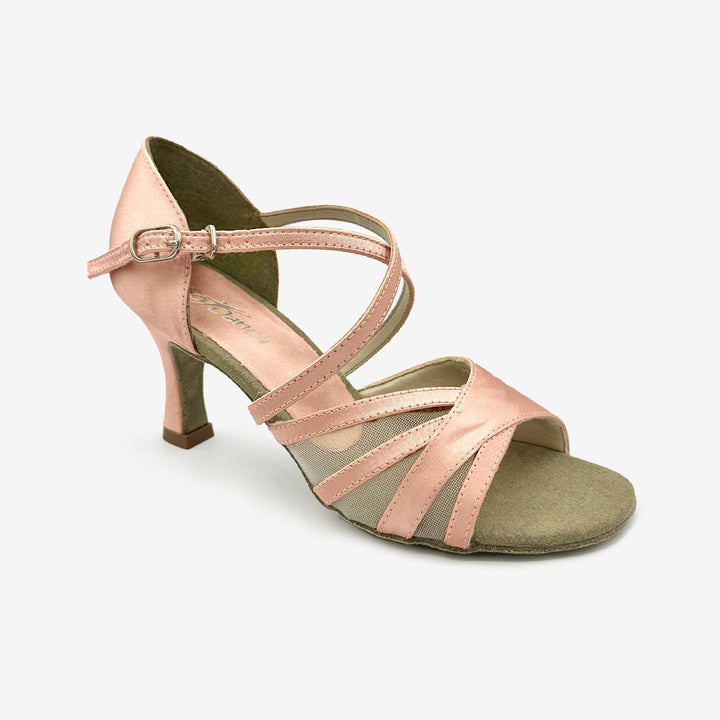 Dance shoe with pink straps and green sole on a white background