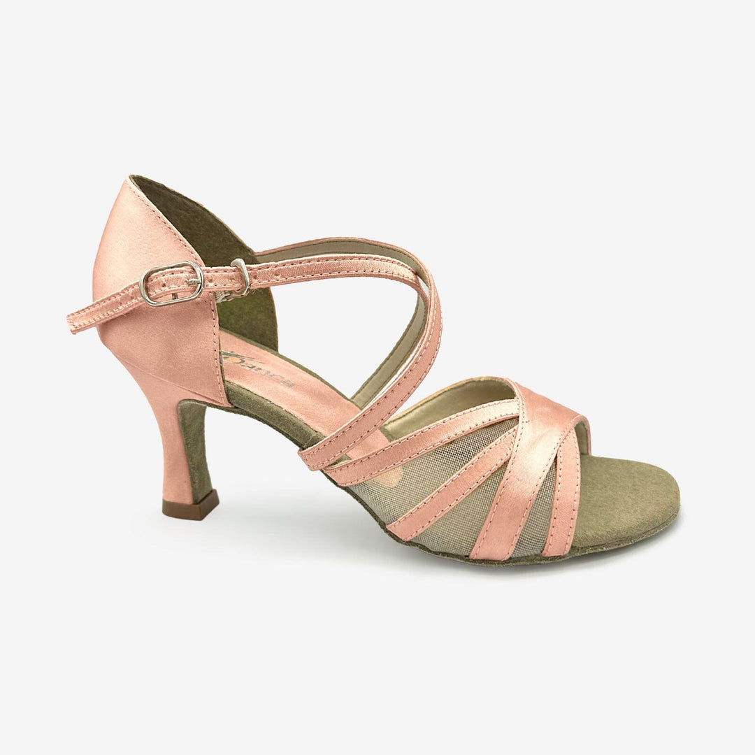 Pink and green dance shoe on a light gray background