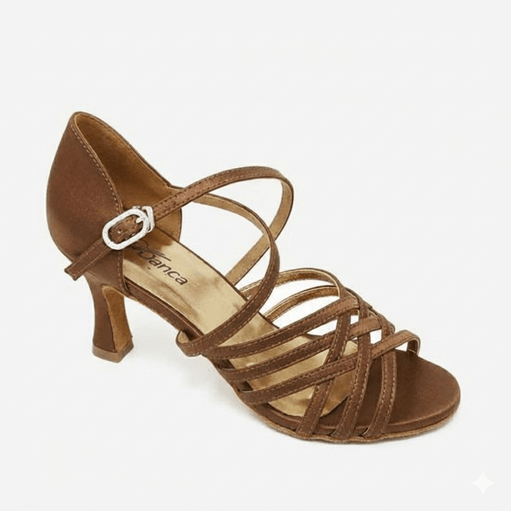 Brown strappy sandal with a high heel on a white background