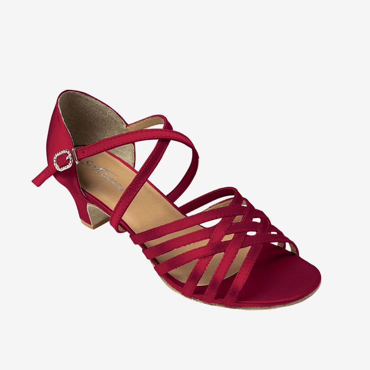 Red sandal with strappy design on a white background