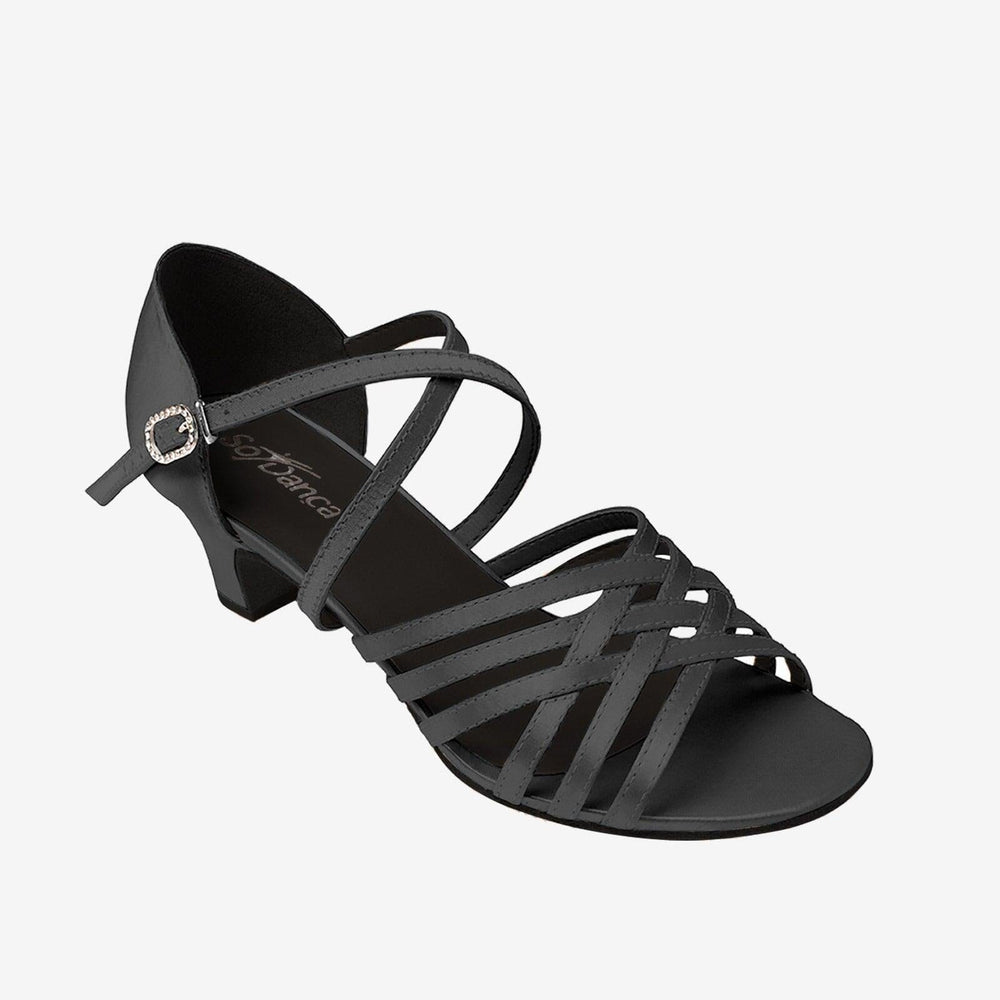 Black strappy sandal with a heel on a white background