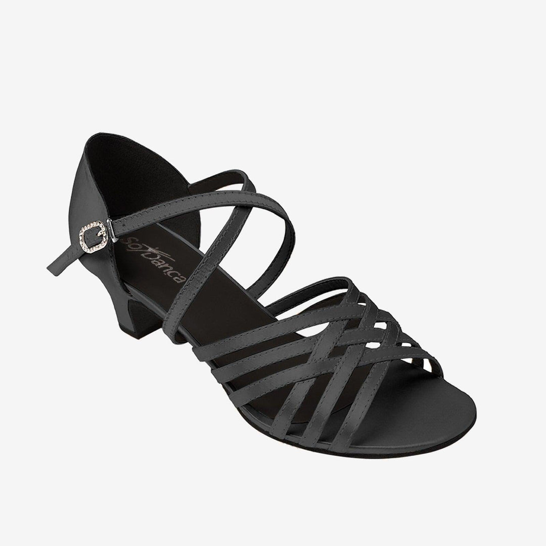 Black strappy sandal with a heel on a white background